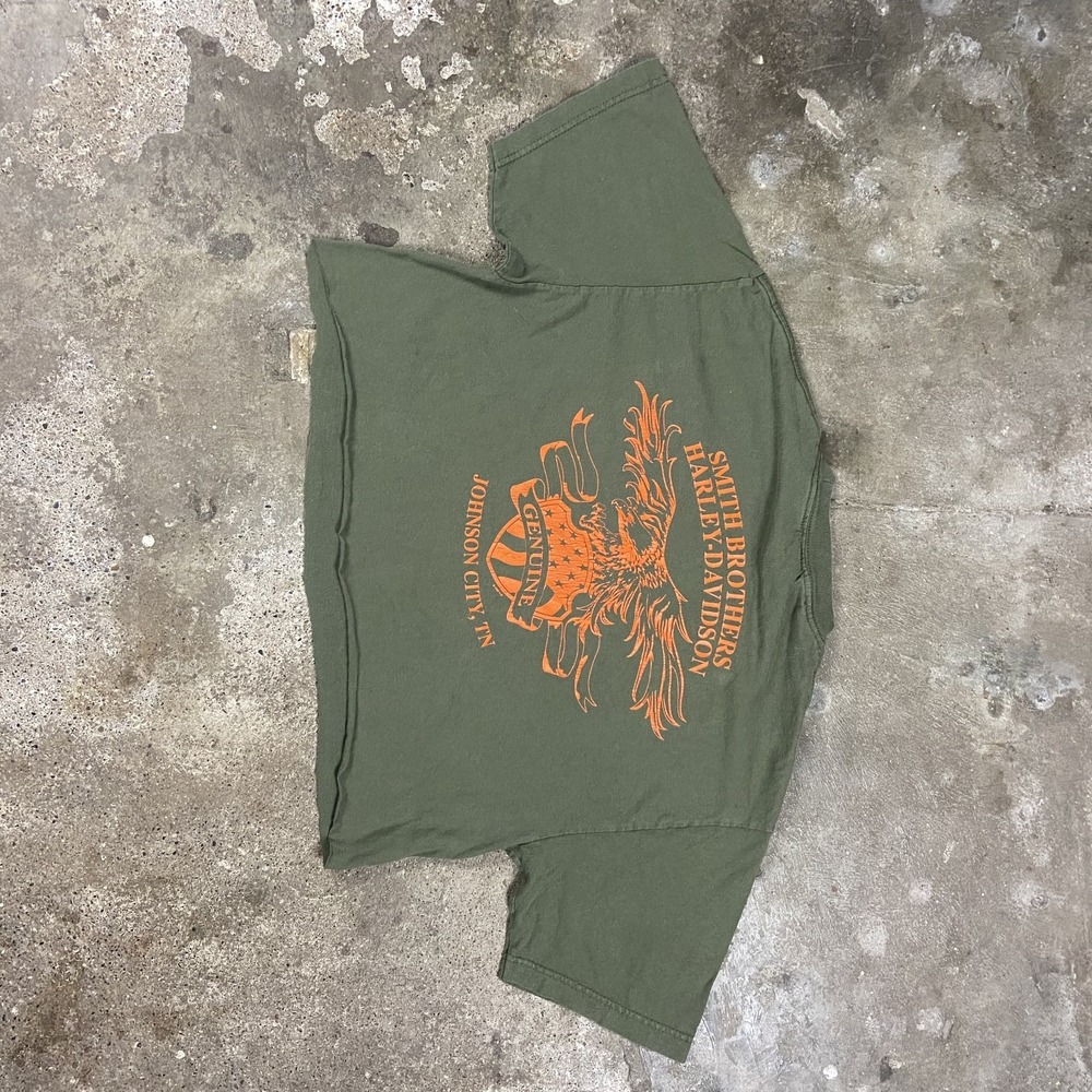 Vintage Y2K Harley Davidson Cropped T-Shirt Size Large Green Johnson City TN - Picture 2 of 10